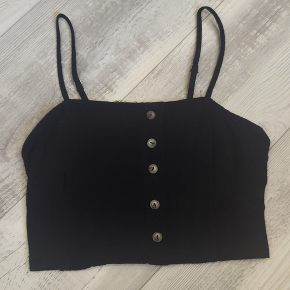 Dainty Hooligan Black Spaghetti Strap Crop Top With Brown Buttons & Cinched Back - Picture 4 of 5